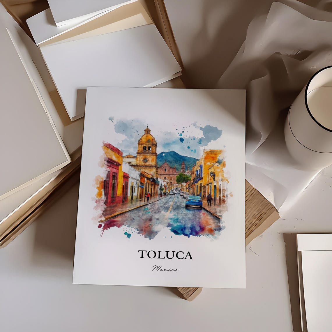 Toluca Mexico Cathedral Street Mountain Backdrop Travel Poster - Image 3