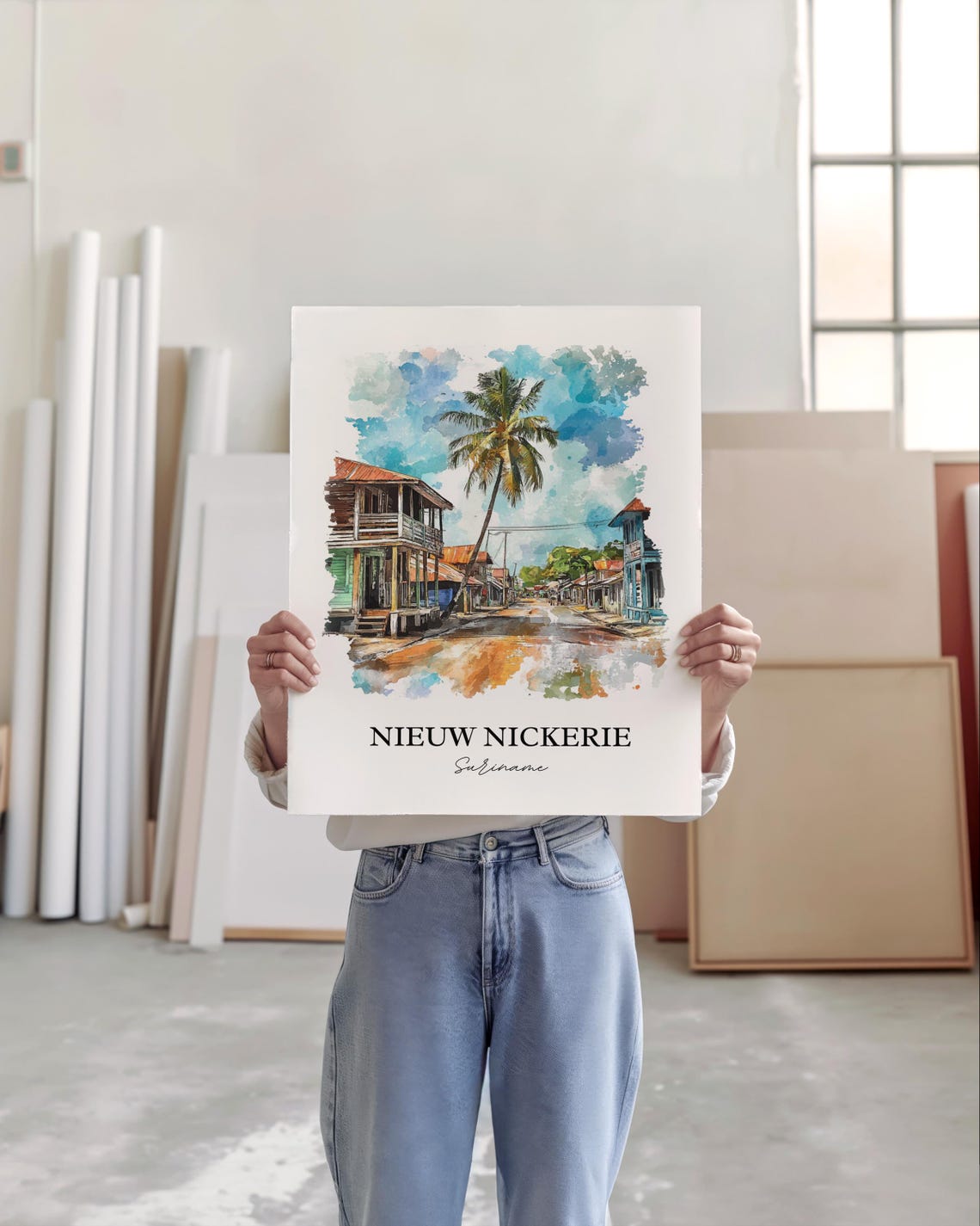 Nieuw Nickerie Suriname Watercolor Palm Lined Street Scene Poster - Image 4