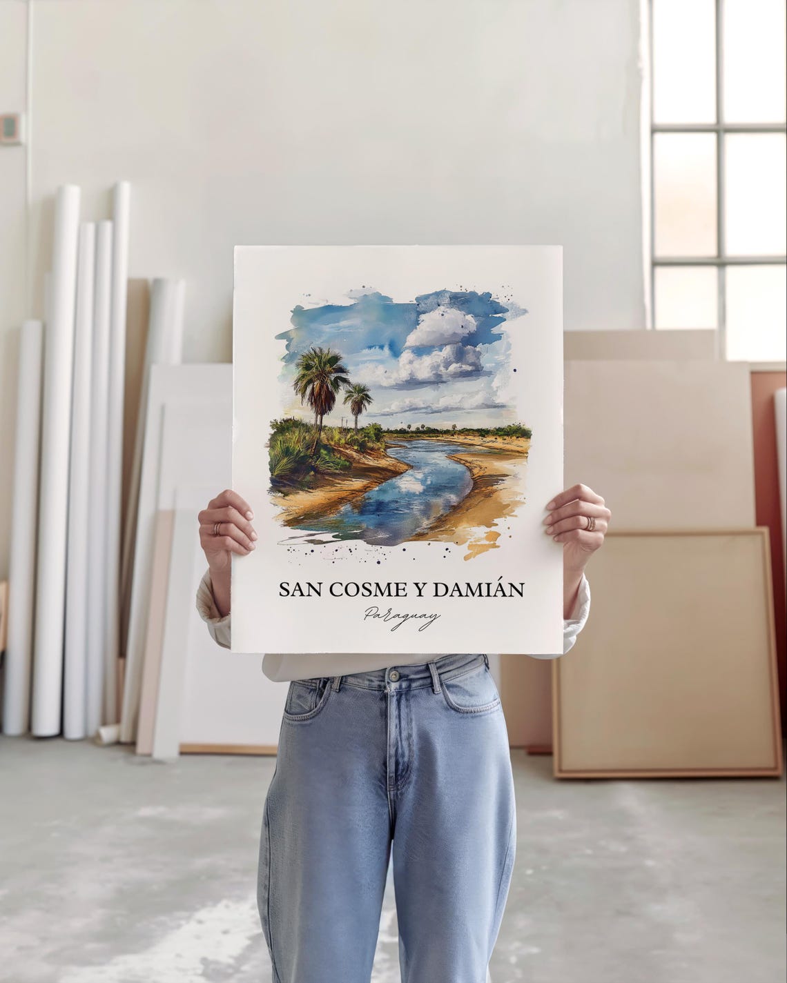 San Cosme y Damián Paraguay Watercolor River Palms Scene Poster - Image 6