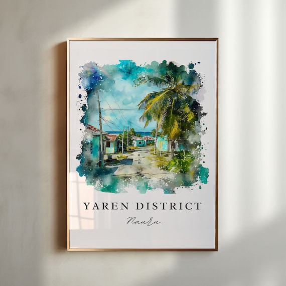 Yaren District Nauru Island Street Palm Trees Watercolor Art Poster