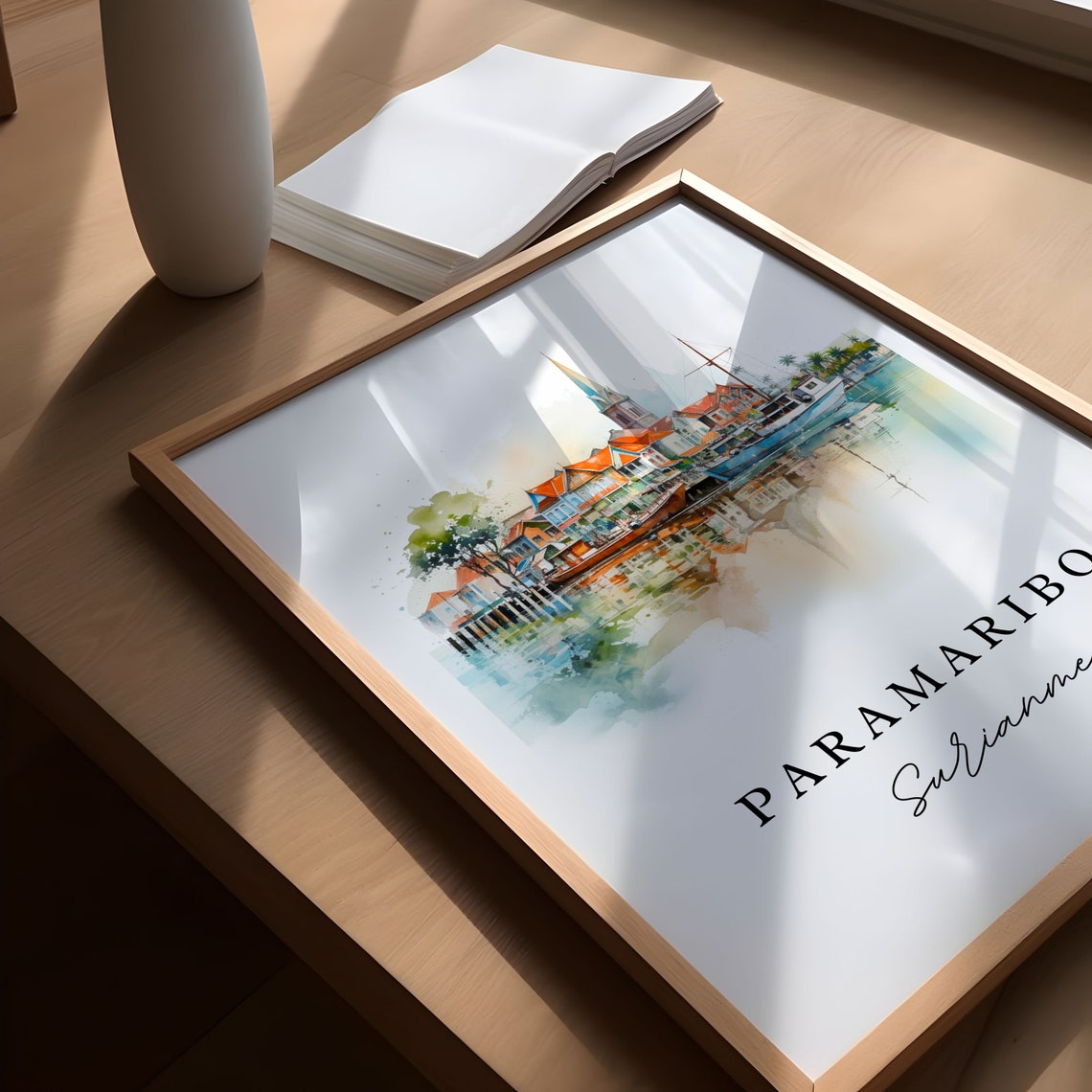 Paramaribo Suriname Harbor Watercolor Boat Reflection Travel Poster - Image 3