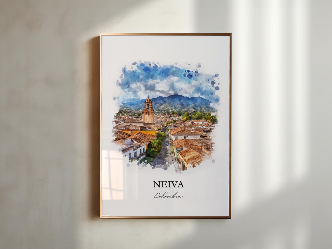 Neiva Colombia Watercolor Church Tower Rooftops Mountain Poster - Image 5