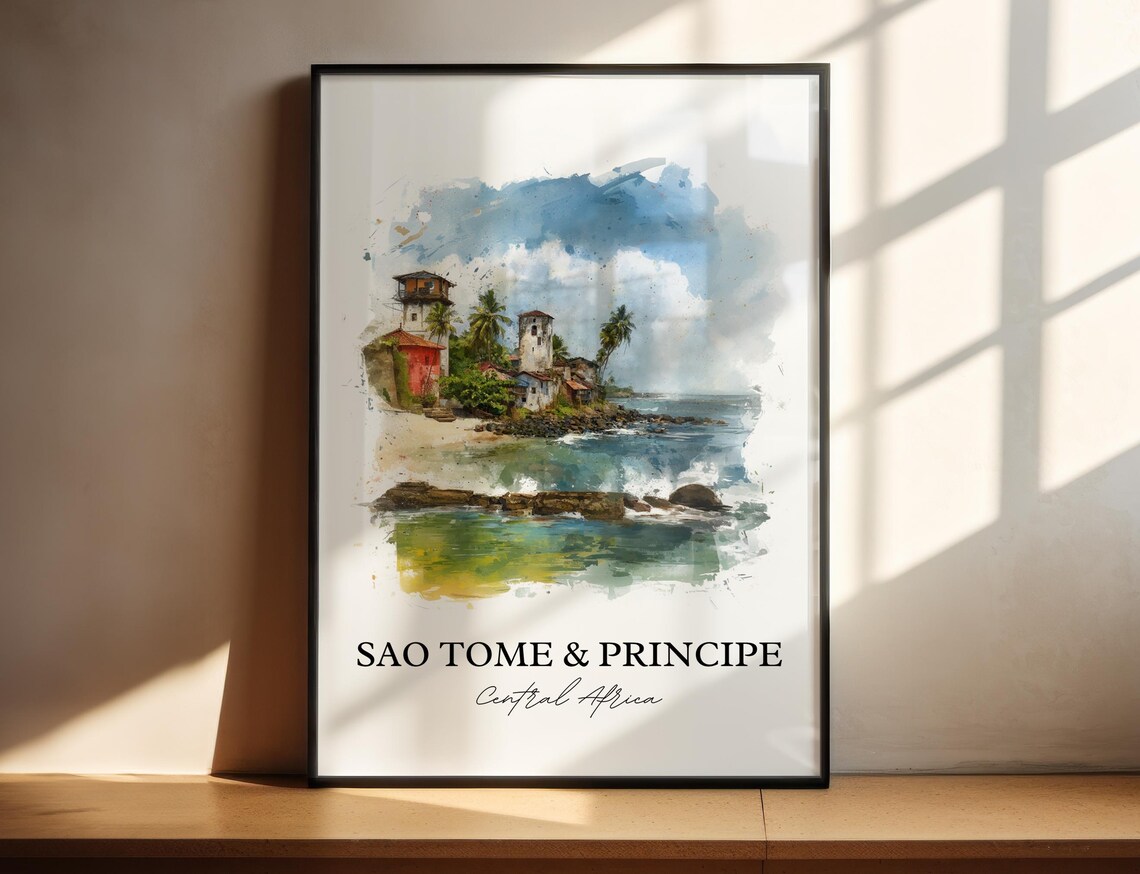 Sao Tome and Principe Central Africa Coastline Watercolor Poster