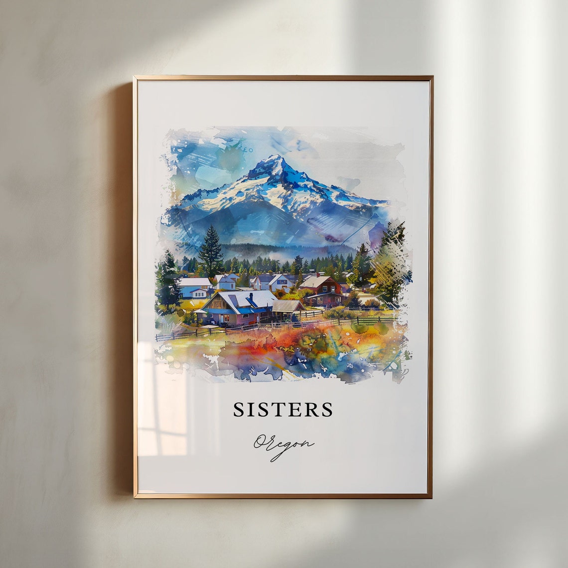 Sisters Oregon Cascade Mountain Town Snow Peak Watercolor Print