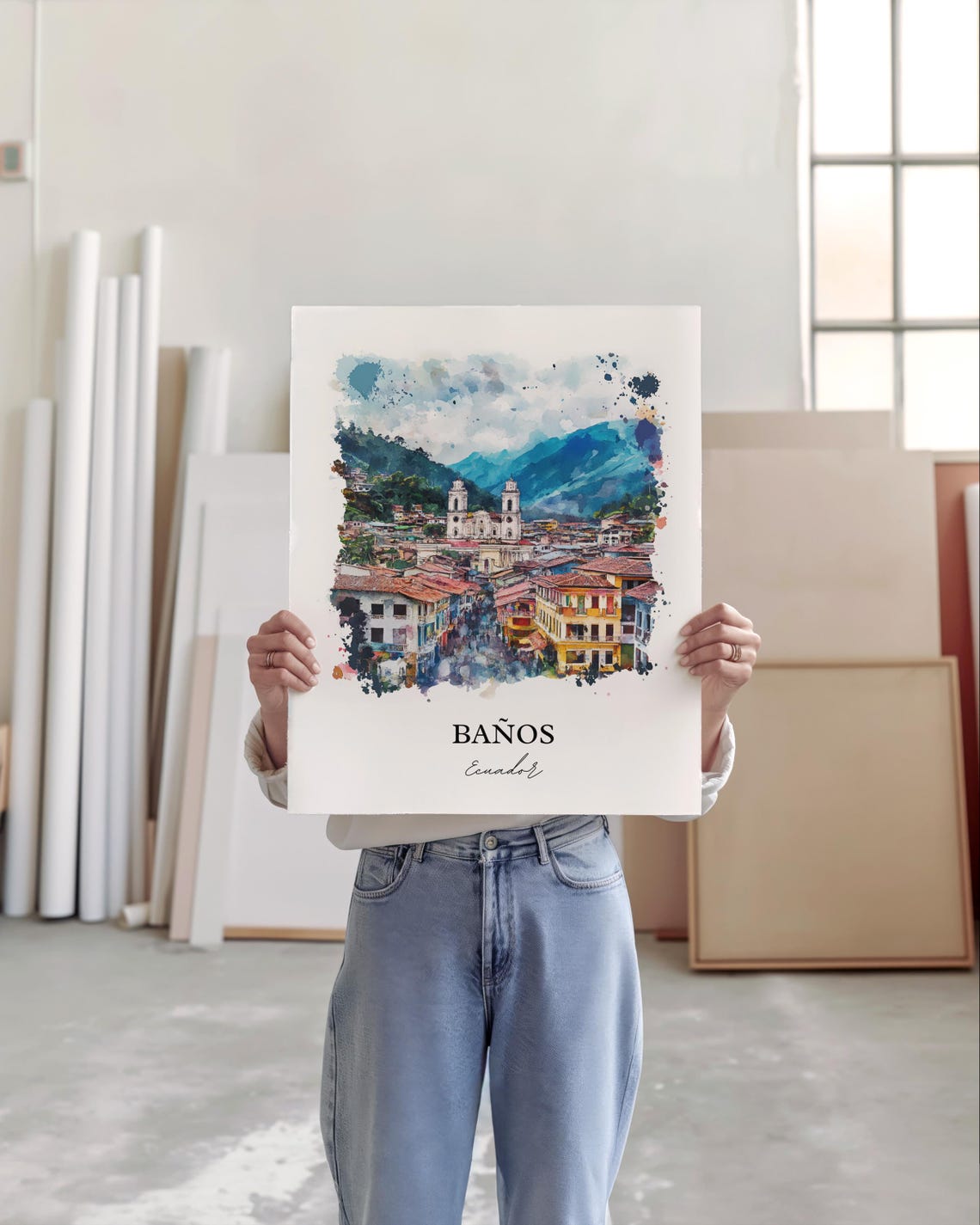Banos Ecuador Watercolor Twin Tower Church Mountain Town Poster - Image 5