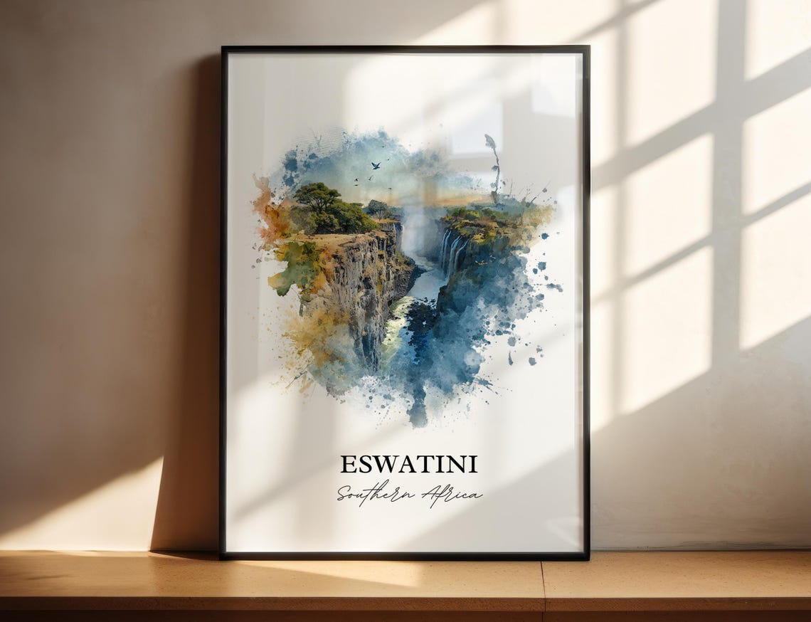 Eswatini Southern Africa Waterfall Gorge Watercolor Travel Poster