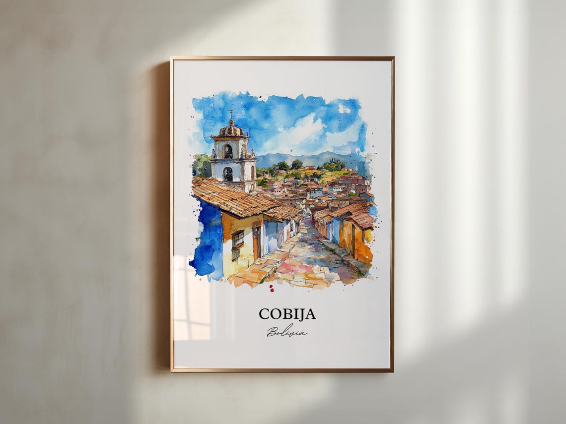 Cobija Bolivia Watercolor Colonial Cobblestone Street Poster - Image 3