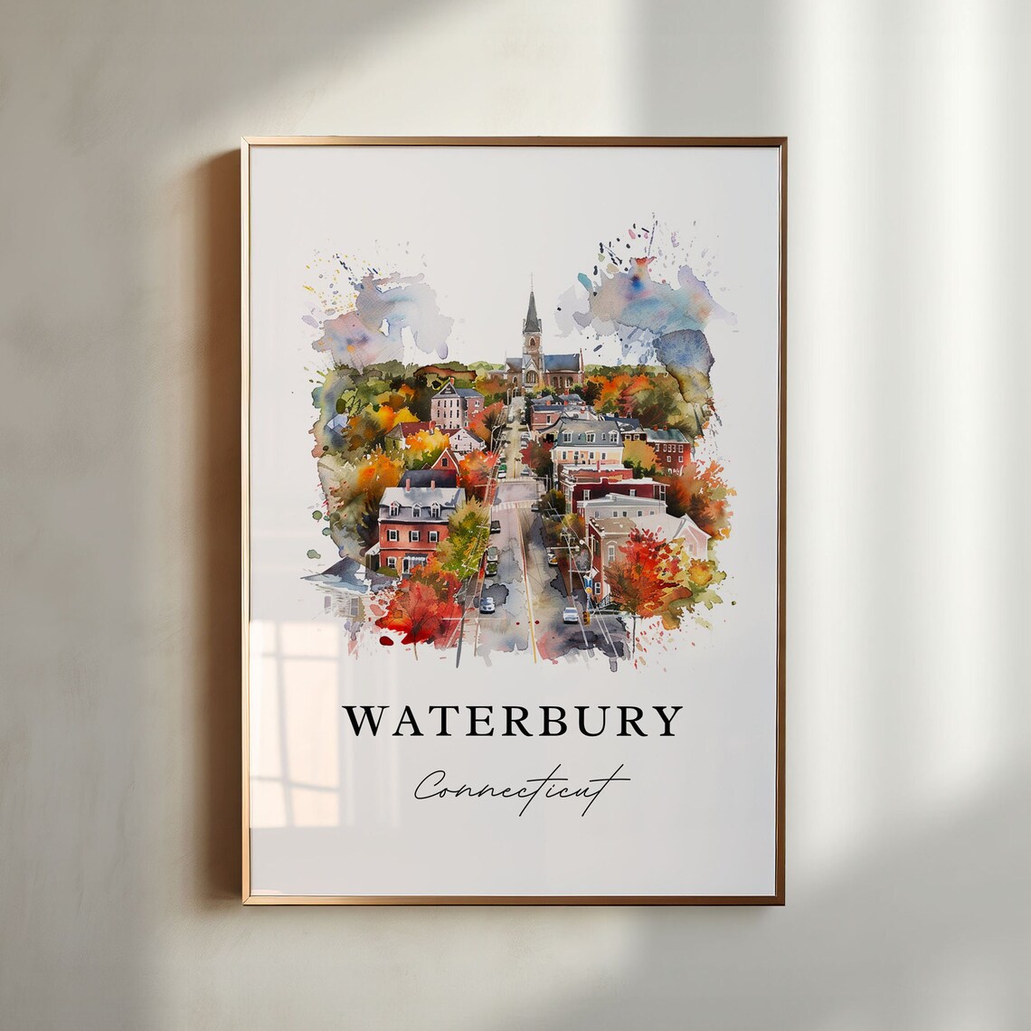Waterbury Connecticut Watercolor Town Church Autumn Trees Poster