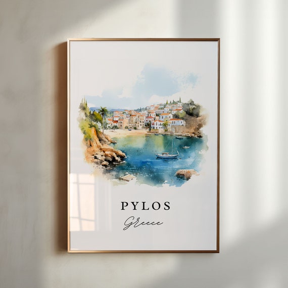 Pylos Greece Watercolor Travel Poster, Housewarming