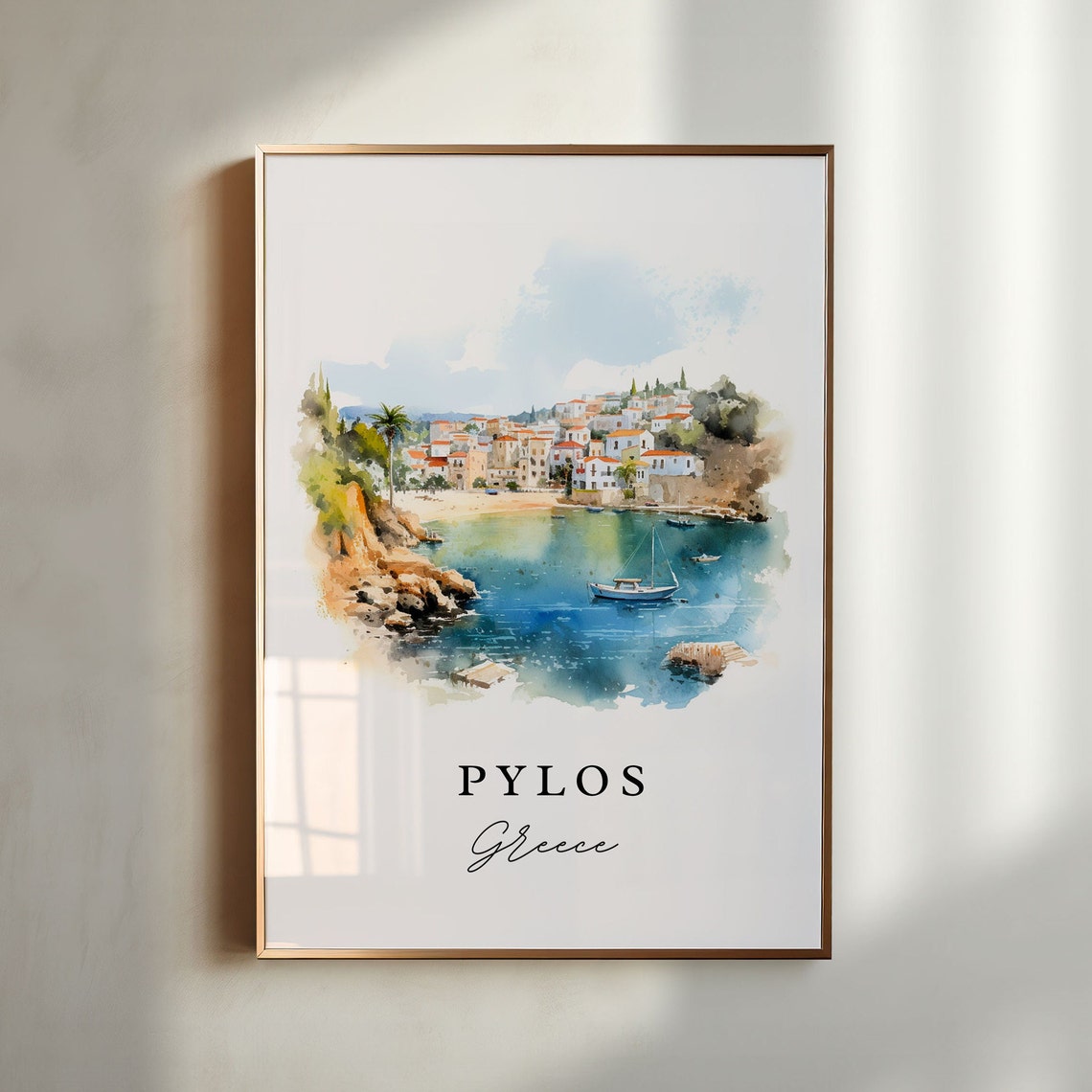 Pylos Greece Watercolor Travel Poster, Housewarming