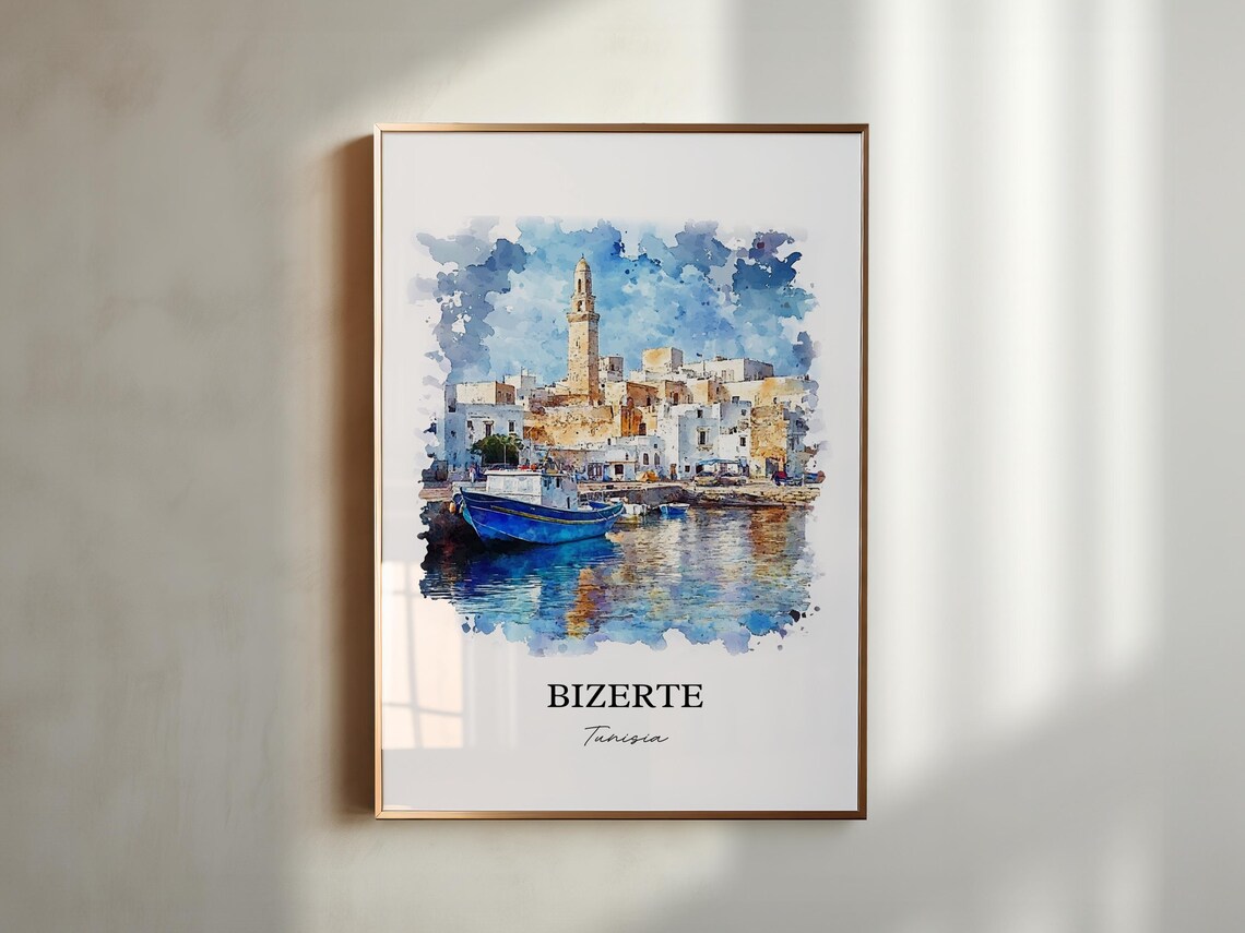 Bizerte Tunisia Old Harbor Fishing Boats Watercolor Travel Poster - Image 5
