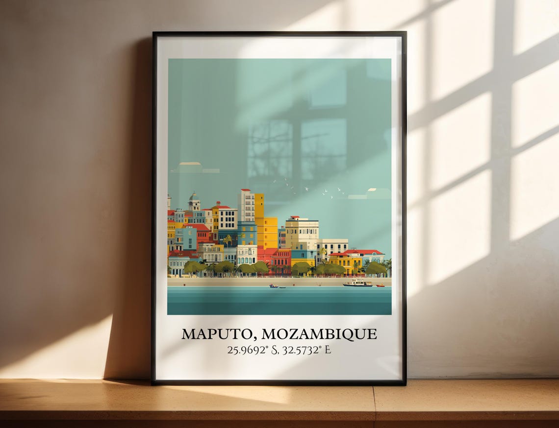 Maputo Mozambique Harbor Seafront Skyline Retro Travel Poster