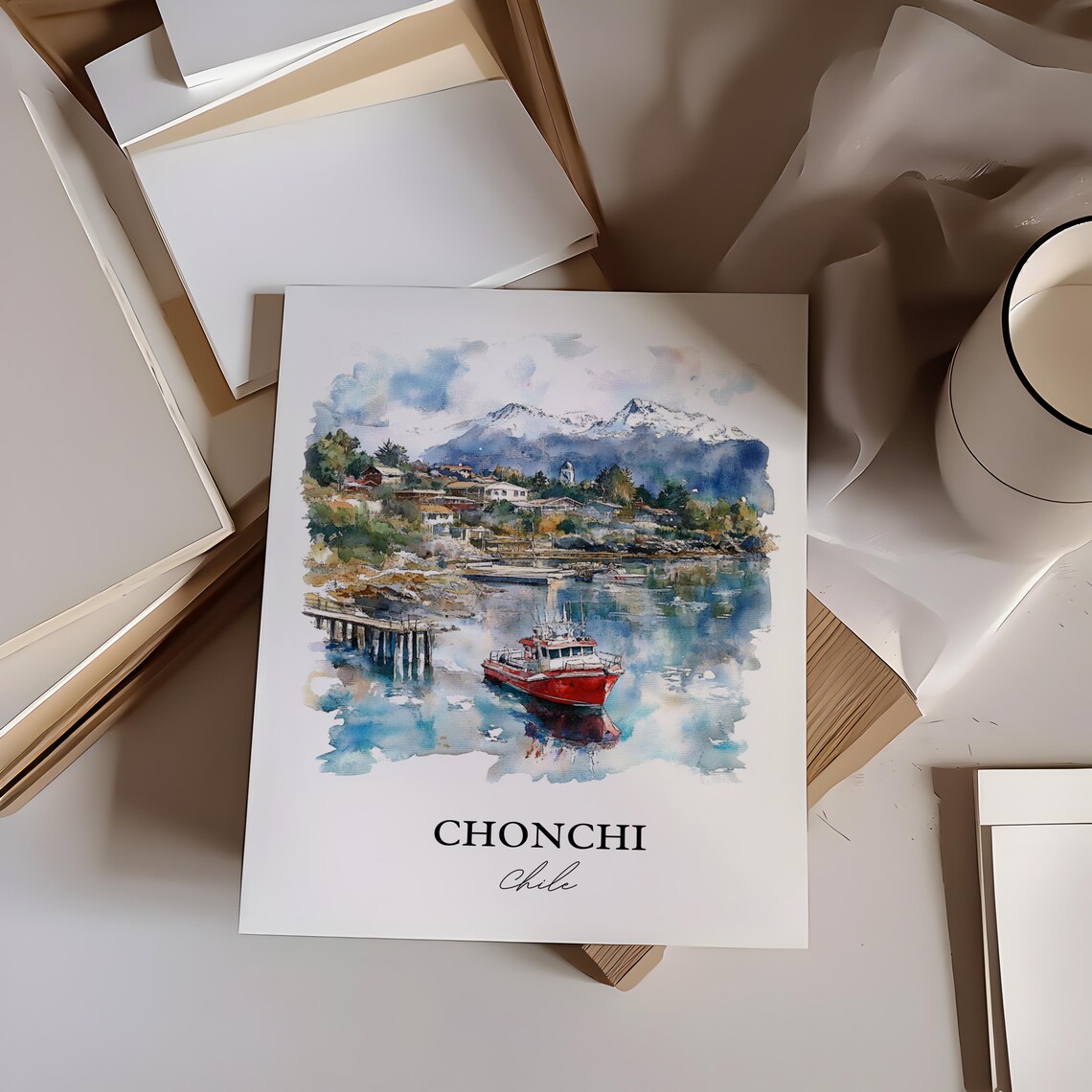 Chonchi Chile Watercolor Red Fishing Boat Harbor Scene Poster - Image 3