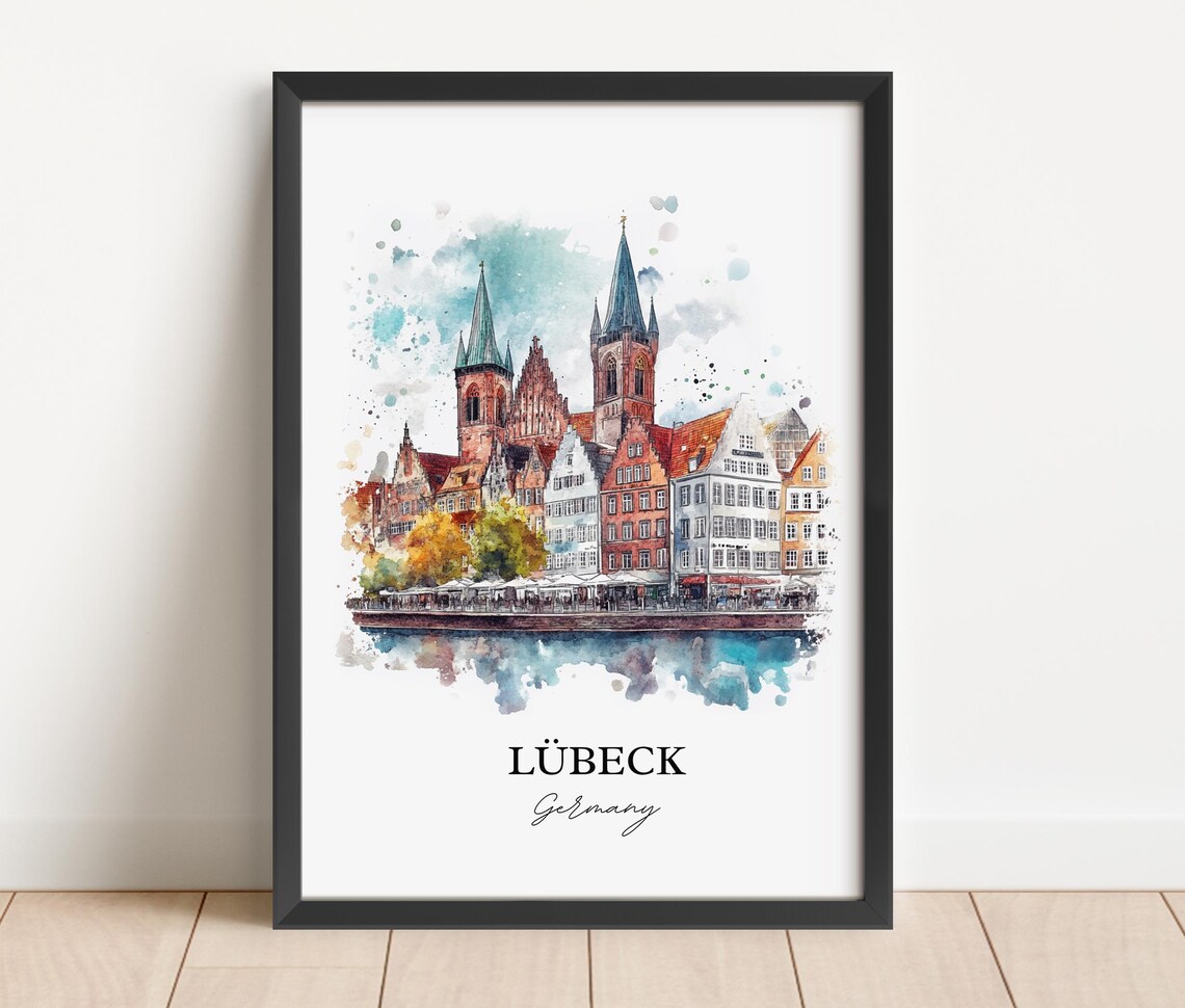 Lubeck Germany Harbor Church Spires Watercolor Travel Poster - Image 2