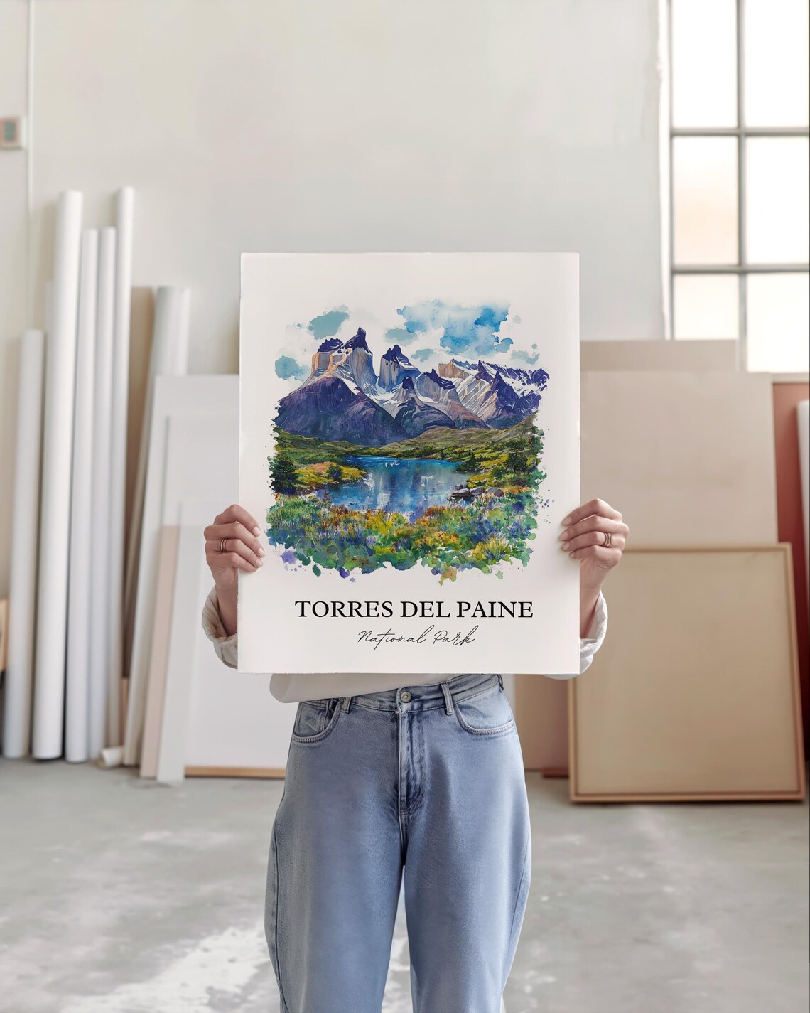 Torres del Paine National Park Watercolor Mountain Scene Poster - Image 4