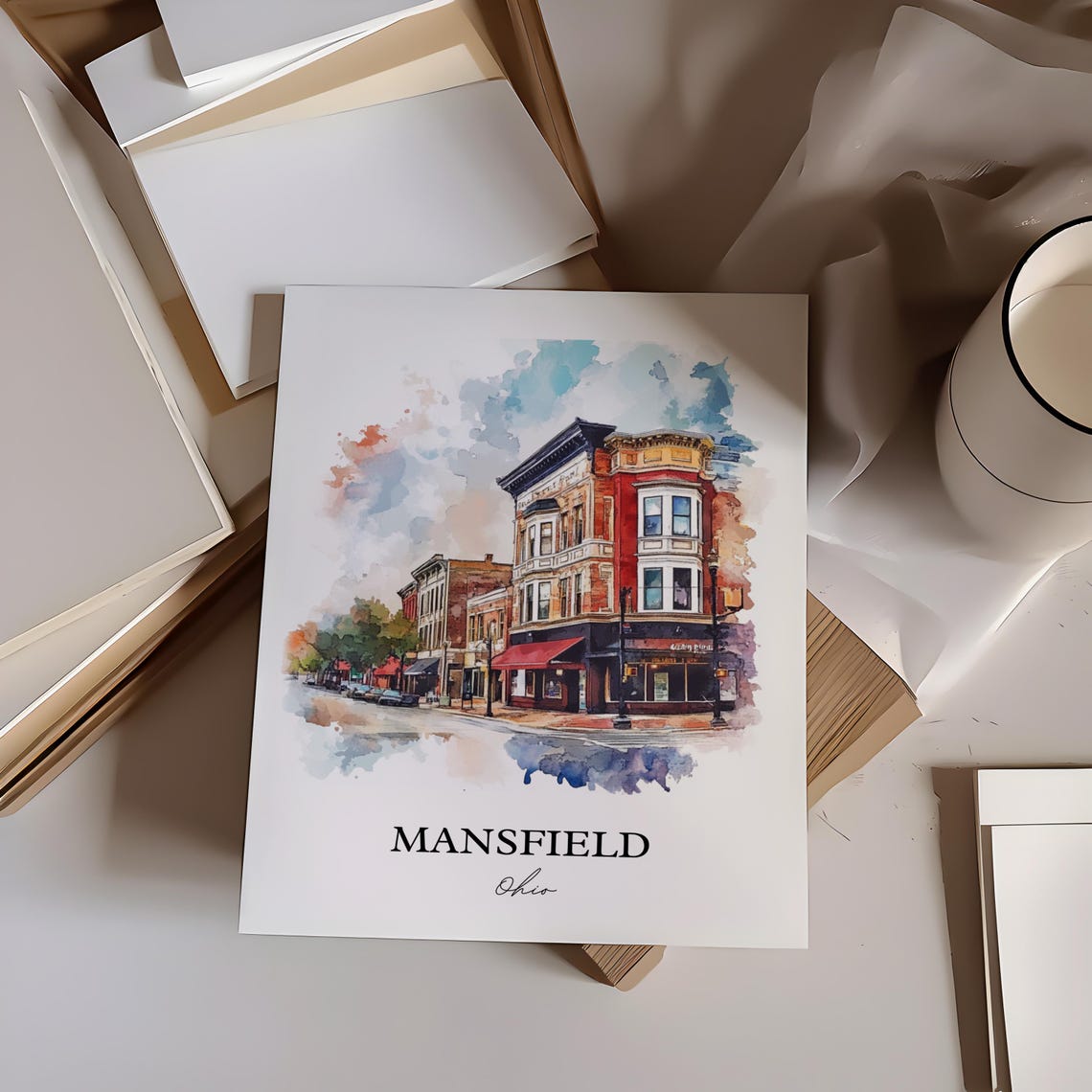 Mansfield Ohio Watercolor Historic Downtown Corner Buildings Poster - Image 2