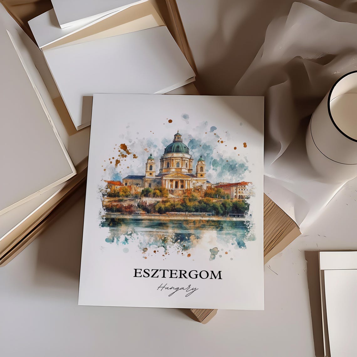 Esztergom Hungary Watercolor Basilica Dome Danube River View Poster - Image 3