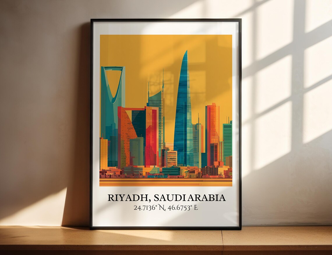 Riyadh Saudi Arabia Retro Kingdom Tower Skyline Vintage Travel Decor Poster
