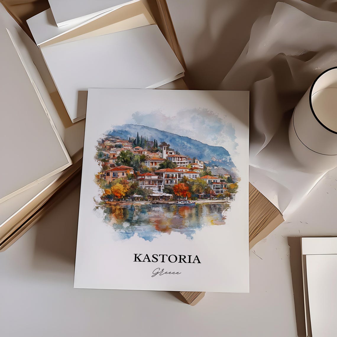 Kastoria Greece Watercolor Lakeside Town Mountain Reflection Poster - Image 2