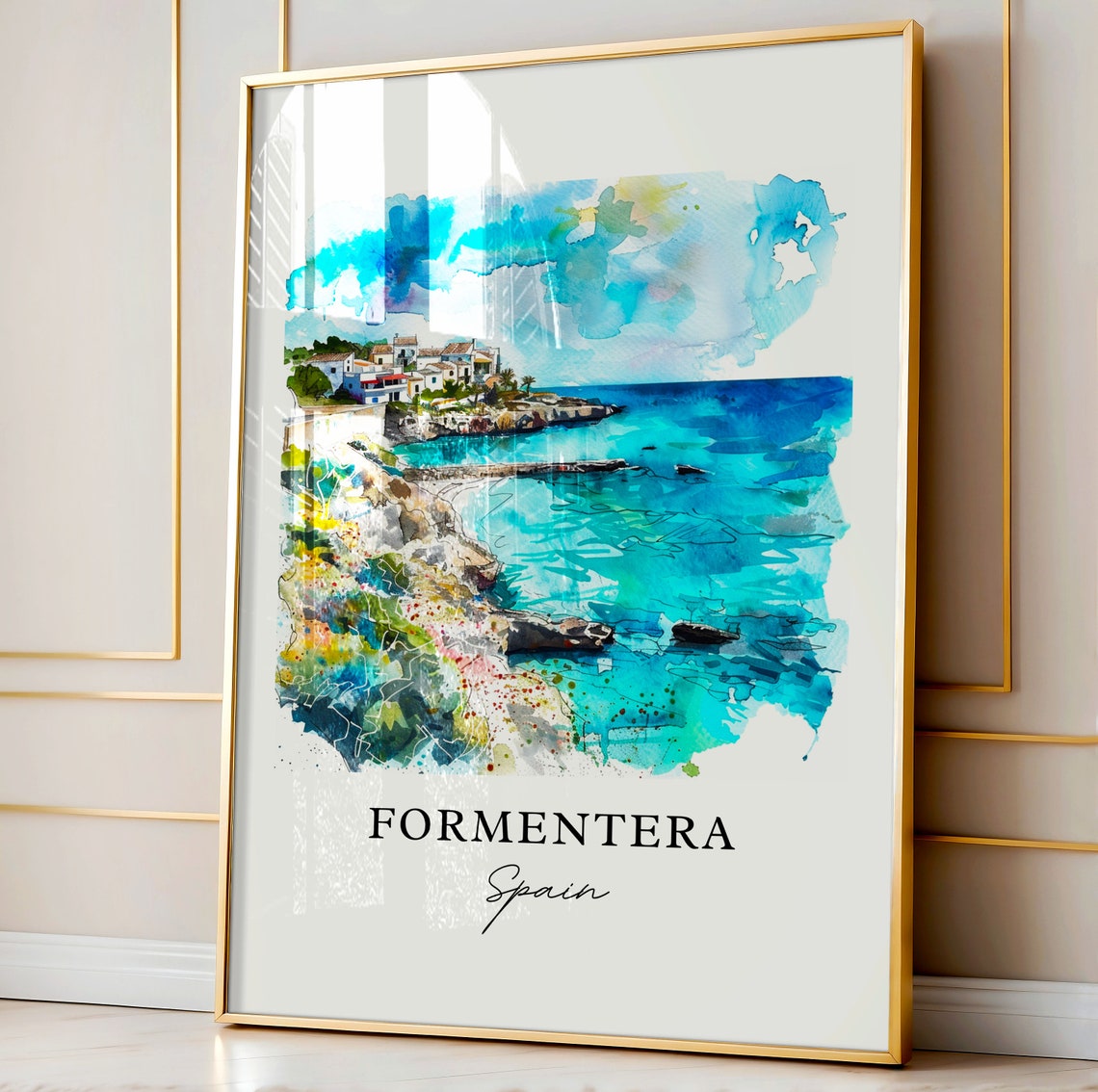 Formentera Spain Turquoise Cove Beach Watercolor Travel Poster - Image 4