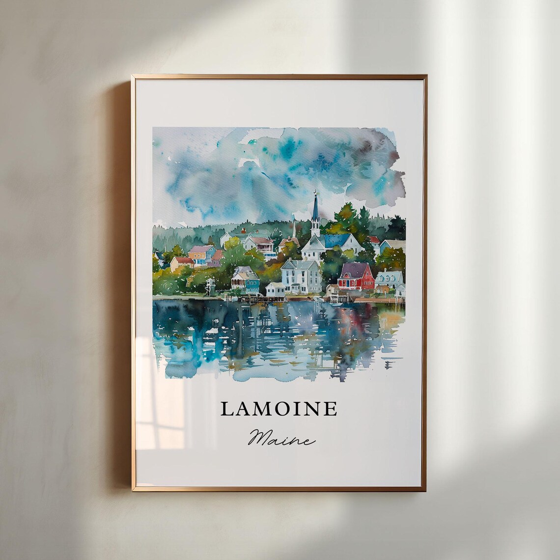 Lamoine Maine Waterfront Town Church Steeple Watercolor Travel Poster