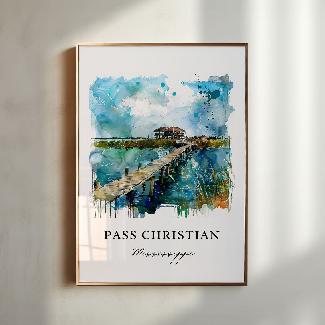 Pass Christian Mississippi Gulf Waterfront Watercolor Pier House Poster