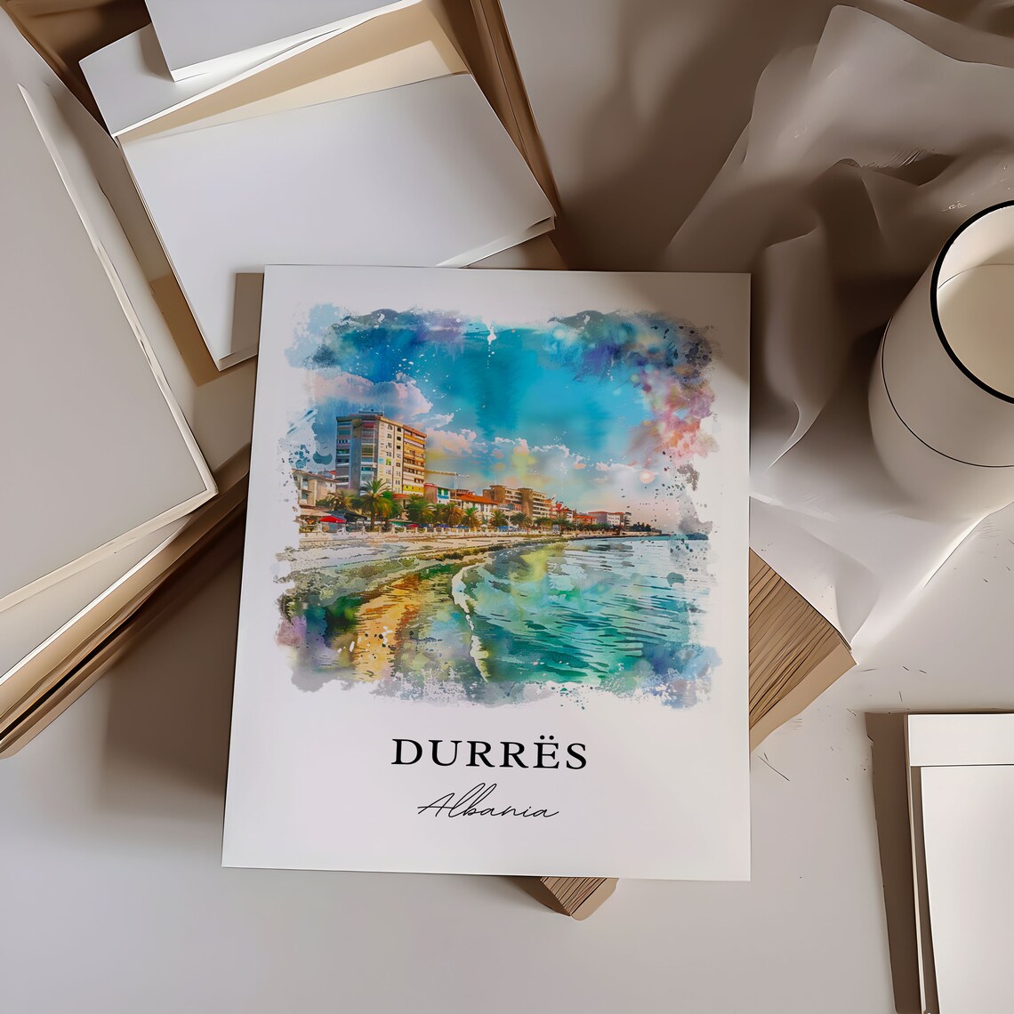 Durres Albania Watercolor Beach Promenade Sea View Travel Poster - Image 6