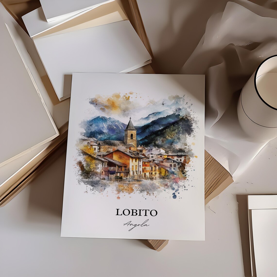 Lobito Angola Mountain Village Church Watercolor Travel Poster - Image 5