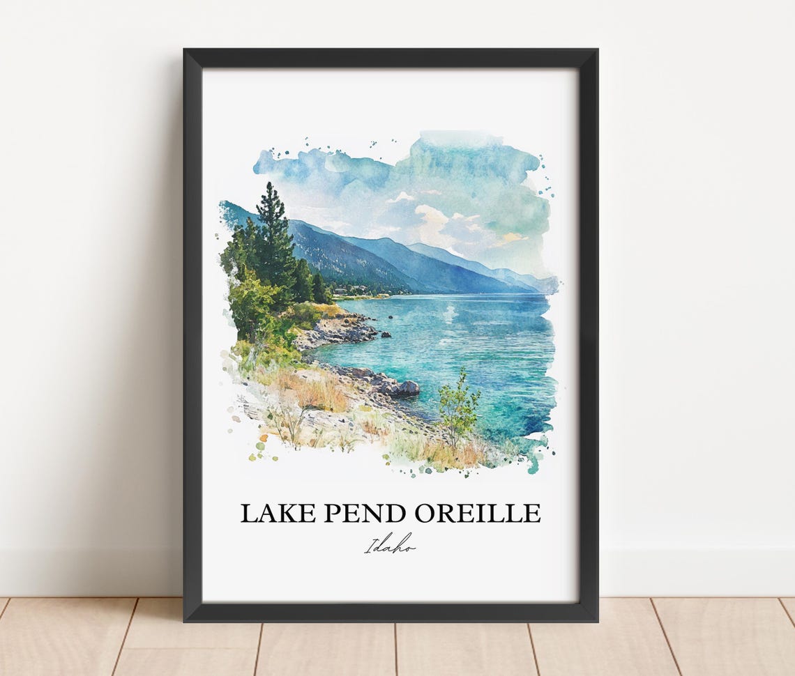 Lake Pend Oreille Idaho Watercolor Rocky Shore Mountain Scene Poster - Image 4