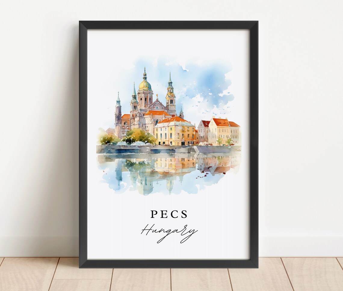 Pecs Hungary Cathedral Riverside Watercolor Cityscape Travel Poster