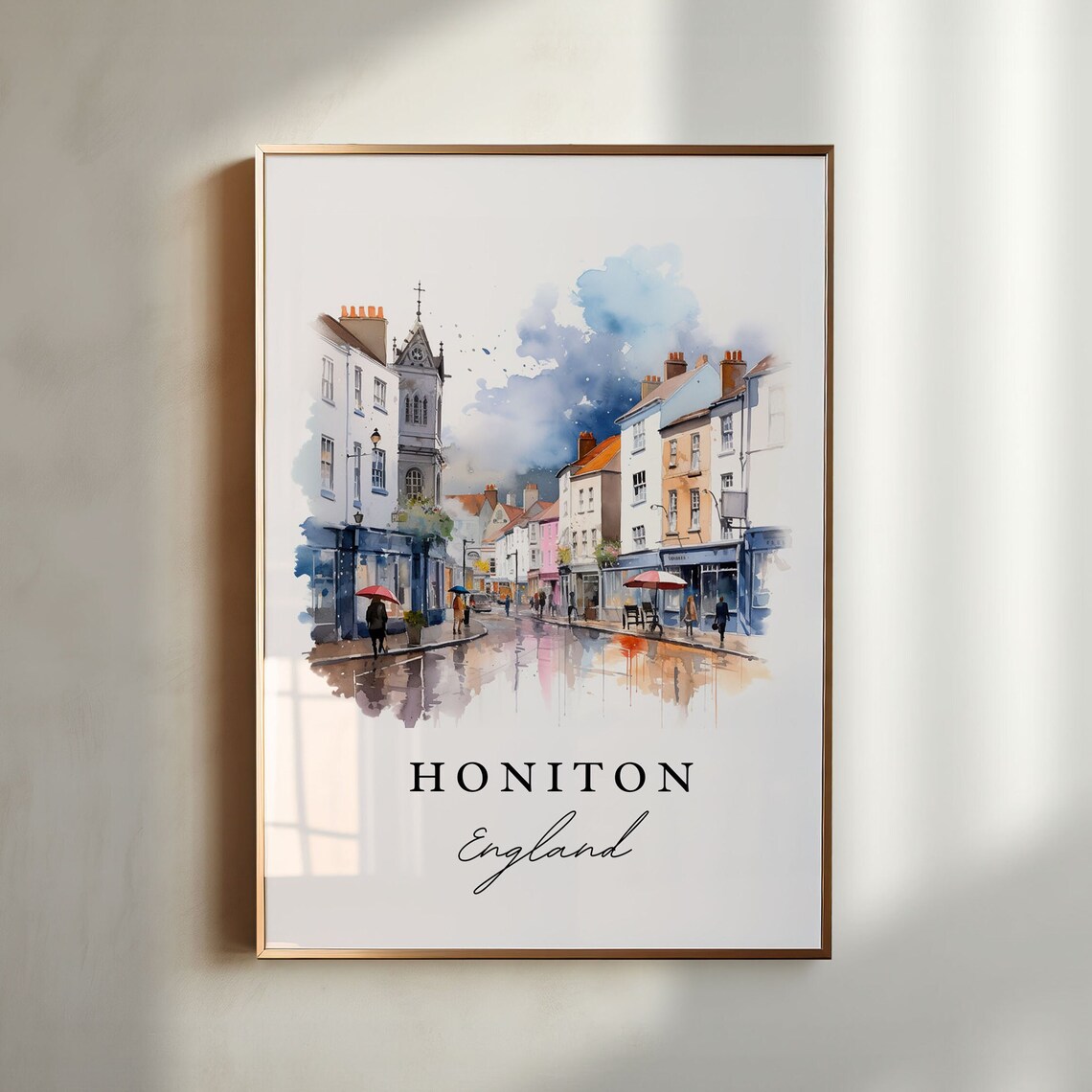 Honiton England Rainy Market Street Watercolor Town Scene Poster