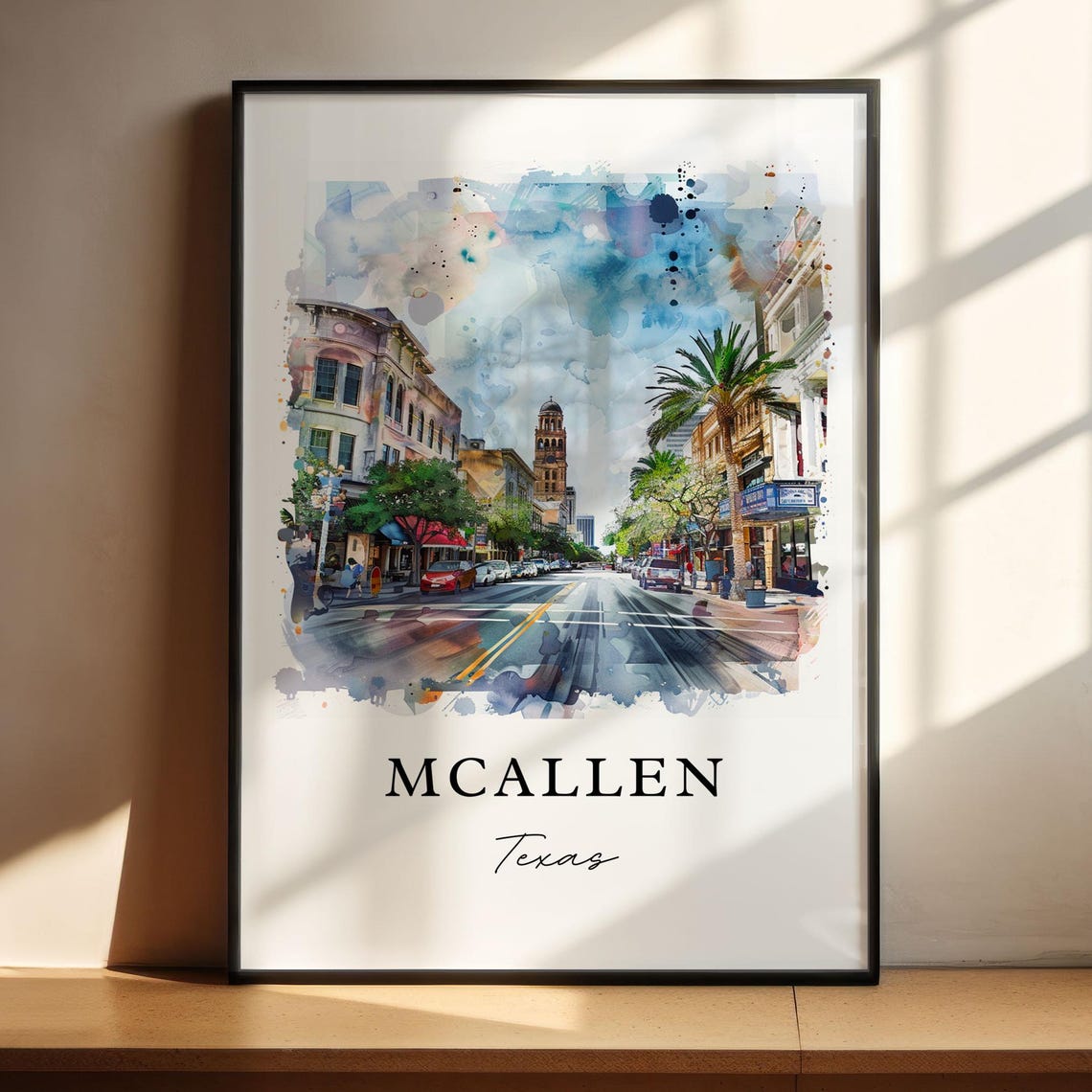 McAllen Texas Watercolor Main Street Palm Tree Clock Tower Poster - Image 4