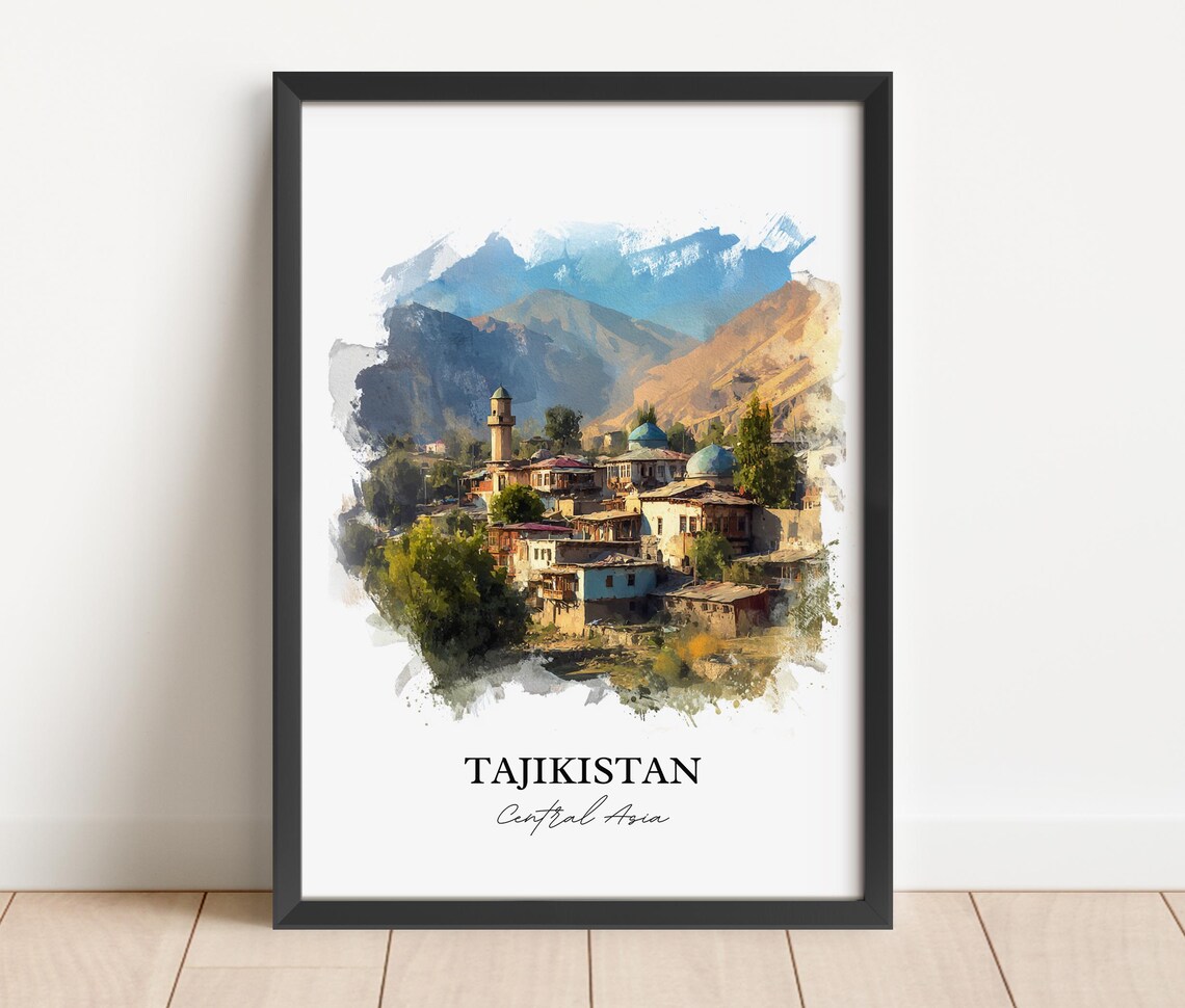 Tajikistan Central Asia Watercolor Art Mountain Village Mosque Poster - Image 5