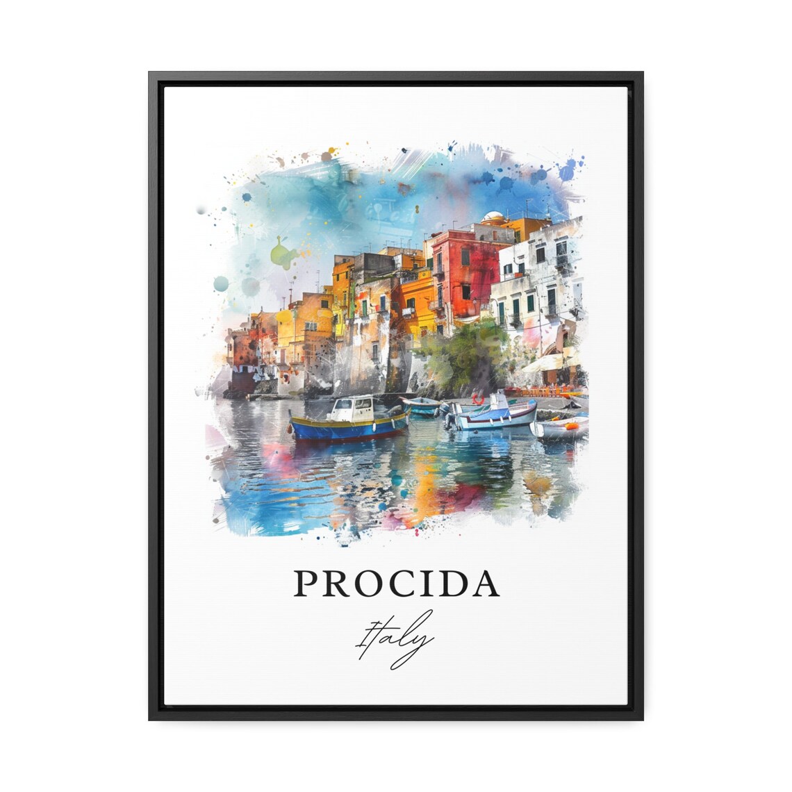 Procida Italy Colorful Harbor Boats Coast Watercolor Travel Poster - Image 3