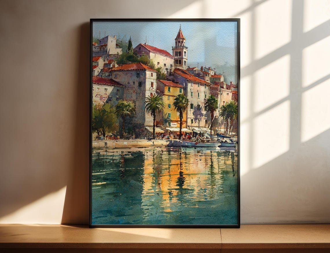 Split Croatia Old Town Harbor Bell Tower Watercolor Travel Poster