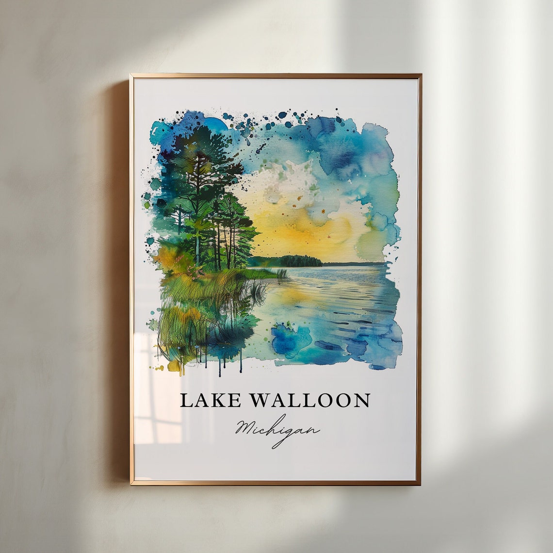Lake Walloon Michigan Sunset Lakeside Pines Watercolor Art Poster