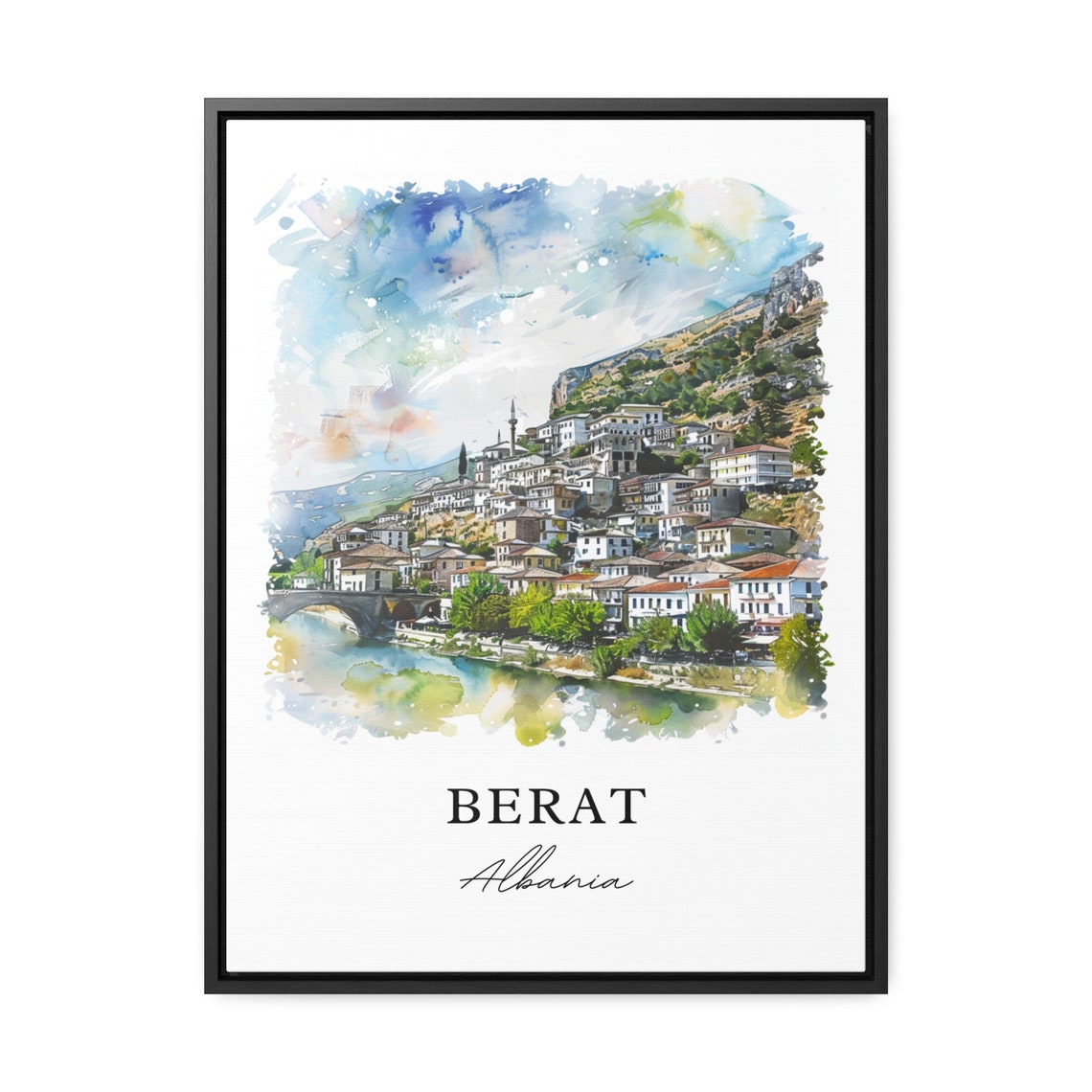 Berat Albania Riverside Old Town Historic Watercolor Travel Poster - Image 3
