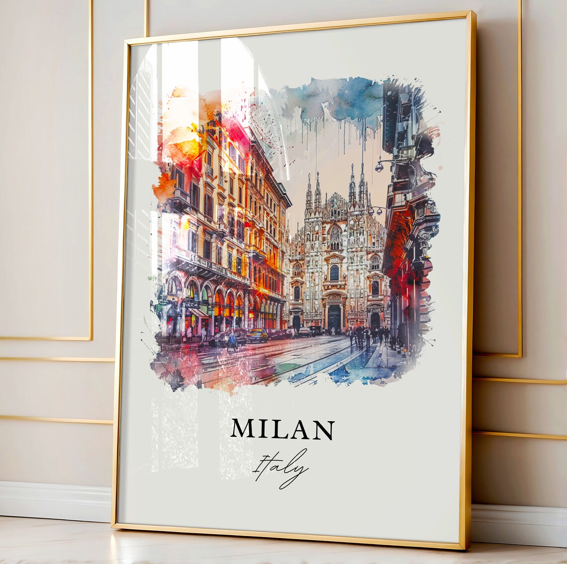 Milan Italy Duomo Cathedral Street Scene Watercolor Travel Poster - Image 4