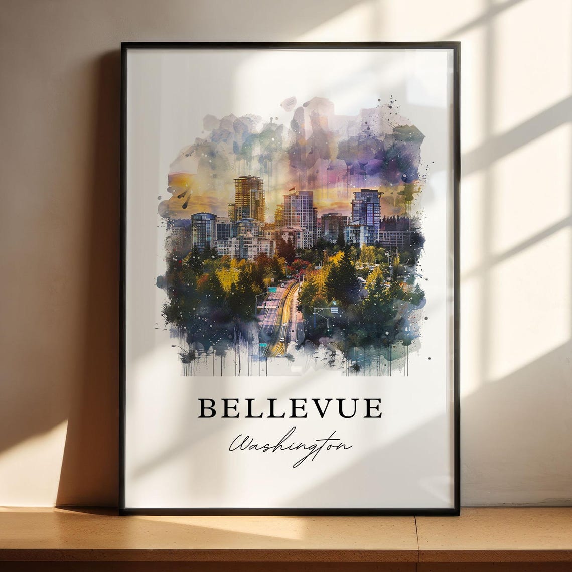 Bellevue Washington Watercolor Downtown Skyline Sunset Poster - Image 4