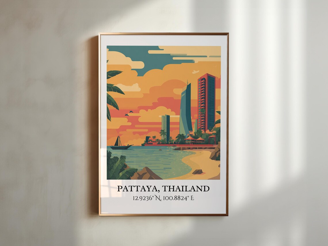 Pattaya Thailand Beach Sunset High Rises Sailboat Retro Travel Poster - Image 3