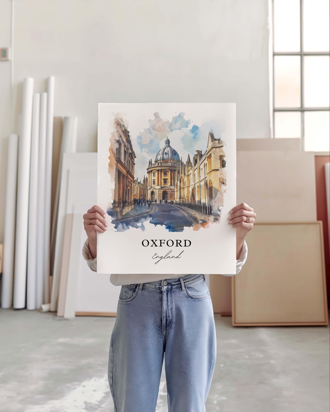 Oxford England Radcliffe Camera Dome Historic Street Watercolor Poster - Image 3