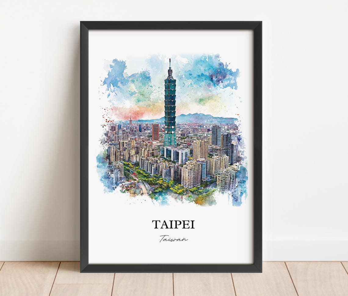 Taipei Taiwan Watercolor Iconic Tower City Skyline View Poster - Image 2
