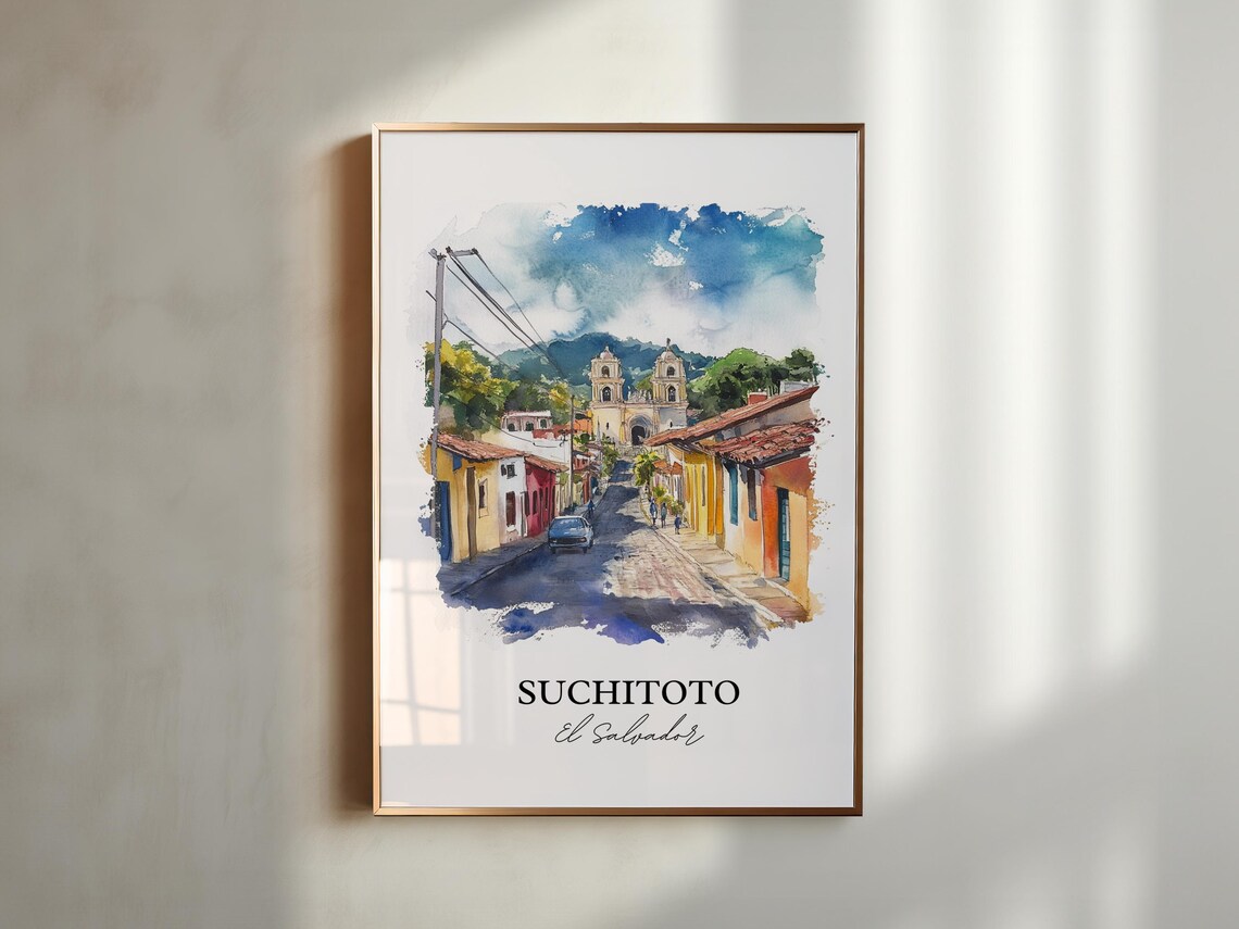 Suchitoto El Salvador Watercolor Colonial Street Church Towers Poster - Image 3