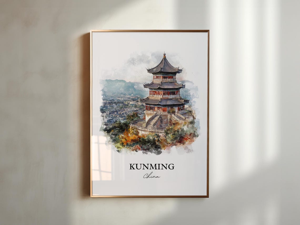Kunming China Watercolor Pagoda Hills City Skyline View Poster - Image 6