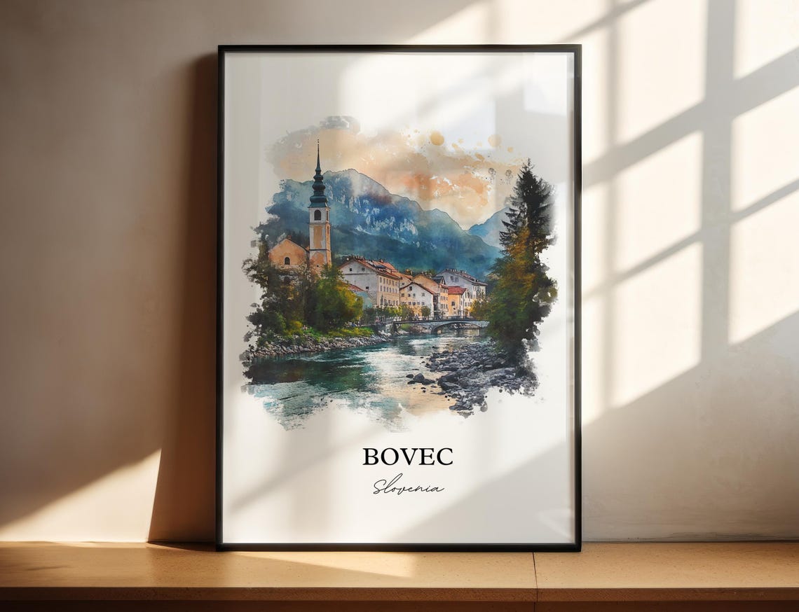 Bovec Slovenia Alpine Riverside Town Watercolor Skyline Travel Poster