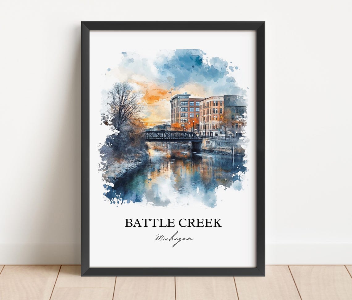 Battle Creek Michigan Watercolor River Bridge Sunset Scene Poster