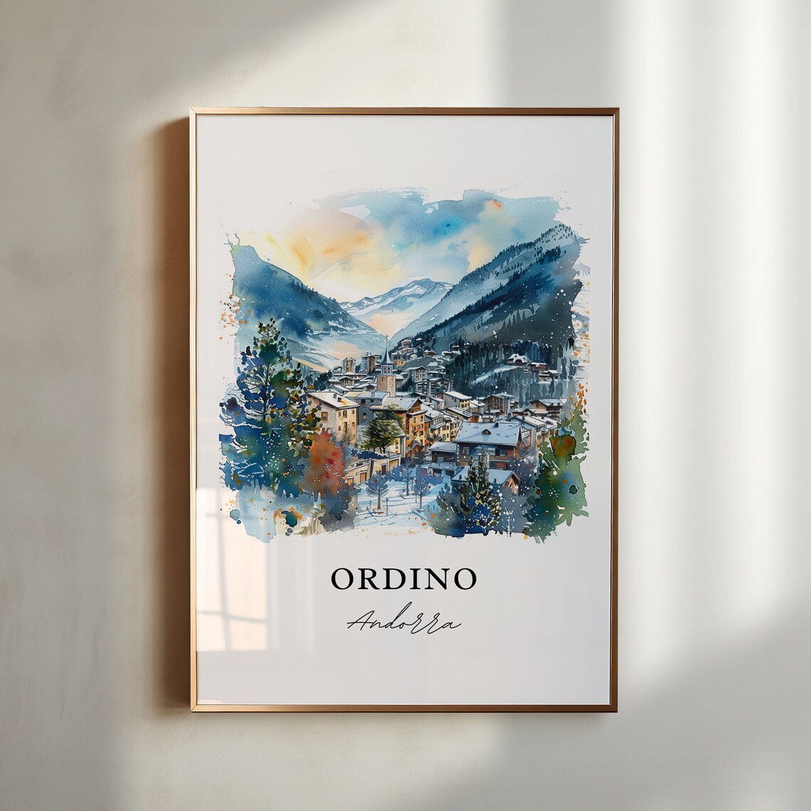 Ordino Andorra Snowy Mountain Village Watercolor Travel Poster