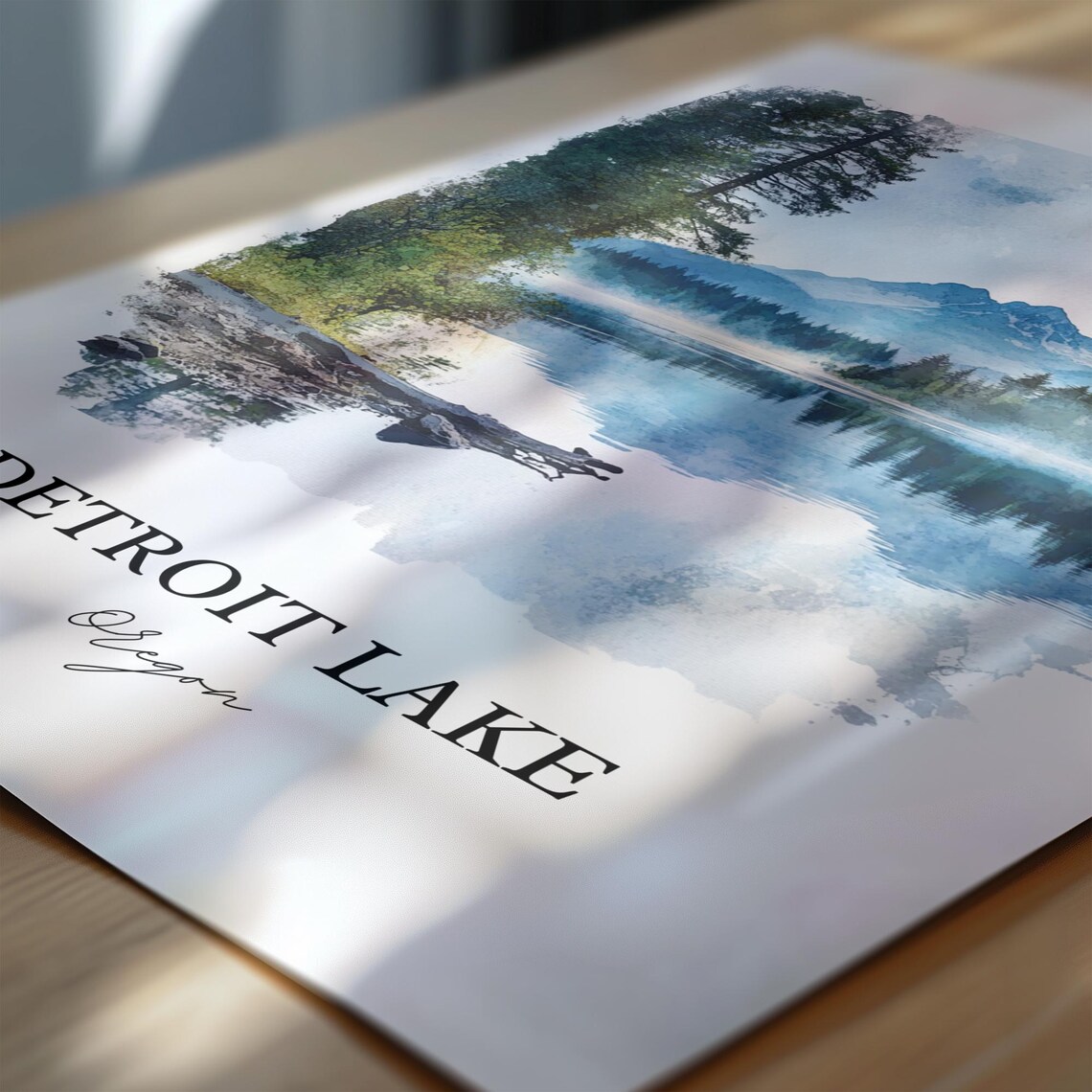 Detroit Lake Oregon Misty Mountain Lake Watercolor Travel Poster - Image 3