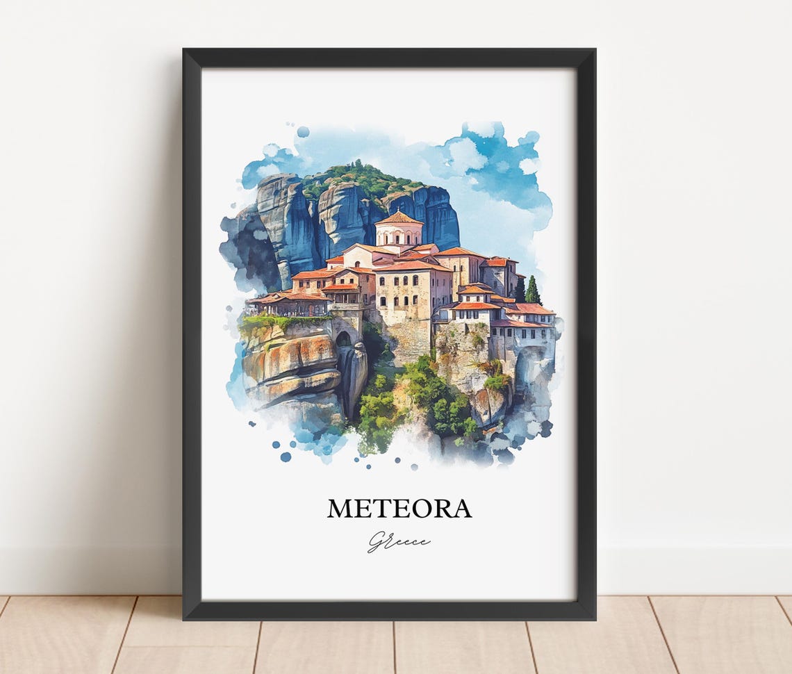 Meteora Greece Rock Pillar Monastery Watercolor Travel Poster - Image 5
