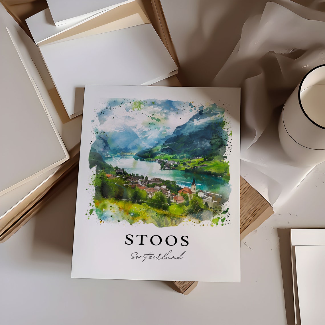 Stoos Switzerland Alpine Lake Village Watercolor Mountain Poster - Image 6